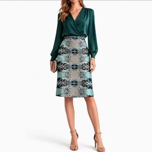 Mossaic Brand Printed Teal A-Line Knee-length Cocktail Skirt in size 12